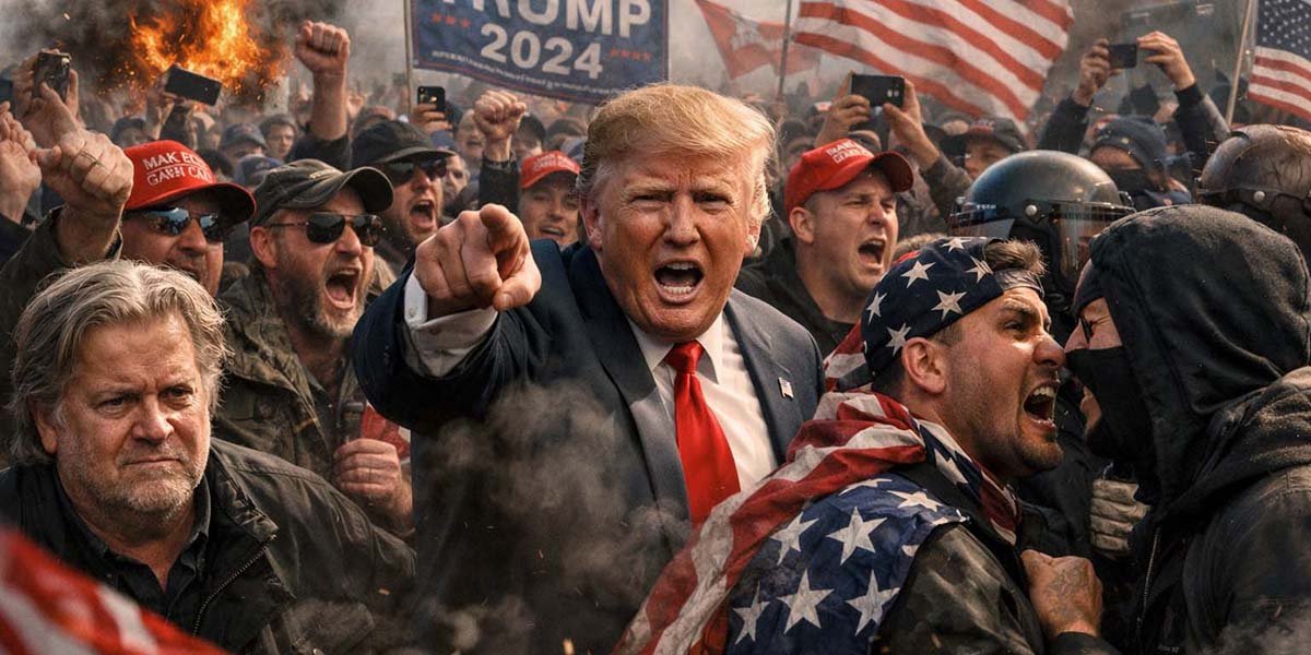Political crowd scene illustrating conflict as political identity in America.