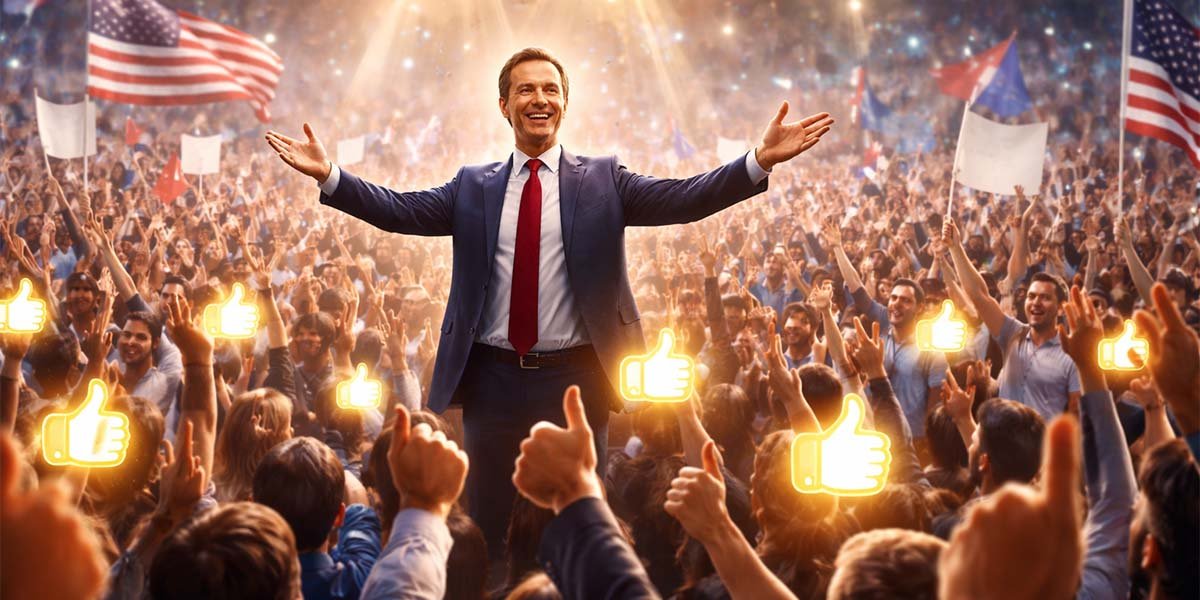 A political crowd scene symbolizing approval, loyalty, and emotional influence in modern politics